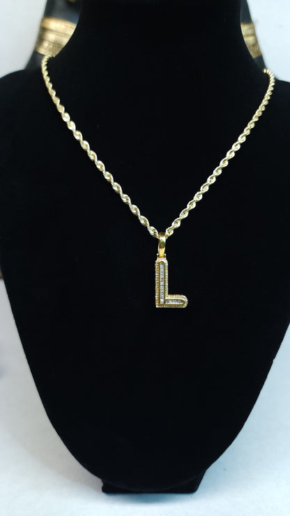 Iced Out Diamond "L" Pendant & 10K Yellow Gold Rope Chain Combo