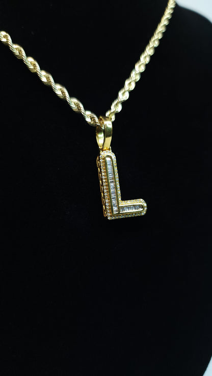 Iced Out Diamond "L" Pendant & 10K Yellow Gold Rope Chain Combo