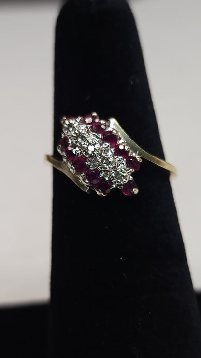 Women's 10k Yellow Gold Natural Diamond & Ruby Cluster Ring