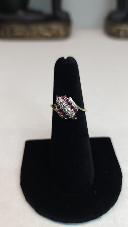 Women's 10k Yellow Gold Natural Diamond & Ruby Cluster Ring